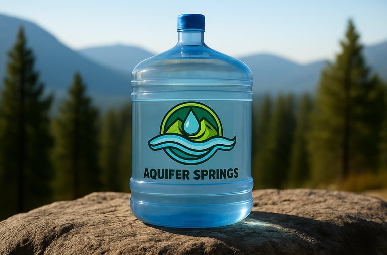 Aquifer Springs 18.9L jug on a rock in nature with trees, mountains, and sky behind.