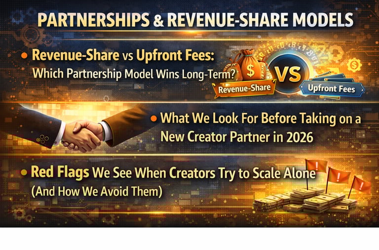 Comparison of revenue-share vs upfront fee partnership models for creators with business growth red flags.