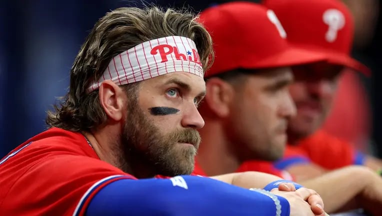 Bryce Harper from the dugout during a regular season game in 2025.  