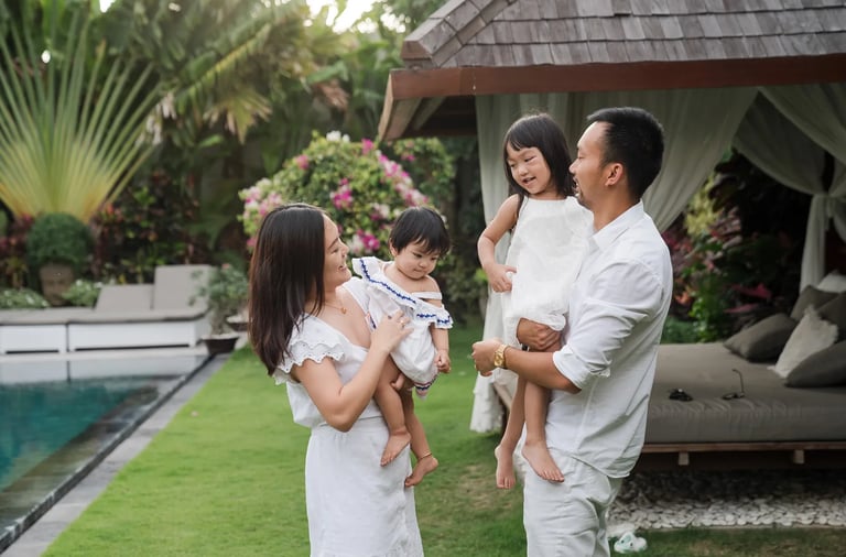 Natural family moments at a tropical private villa in Seminyak Bali.