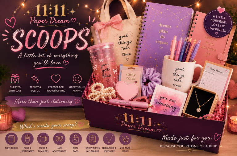 Gift box filled with pink and purple stationery including notebooks, a mug, pens, and a tumbler.