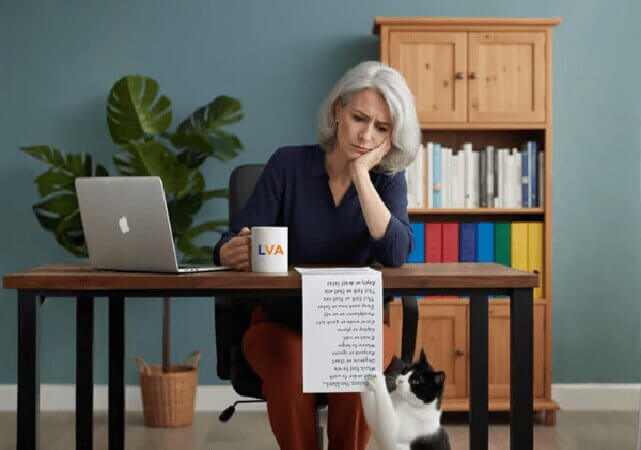 Overwhelmed woman at her desk staring at a long task list, too tired to stop the cat playing with it