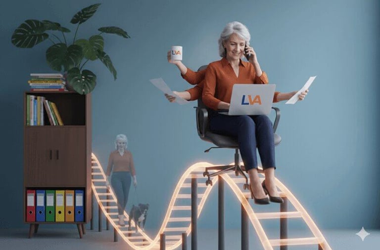 Woman multitasking on a rollercoaster, behind is a ghost image of herself walking her dog.