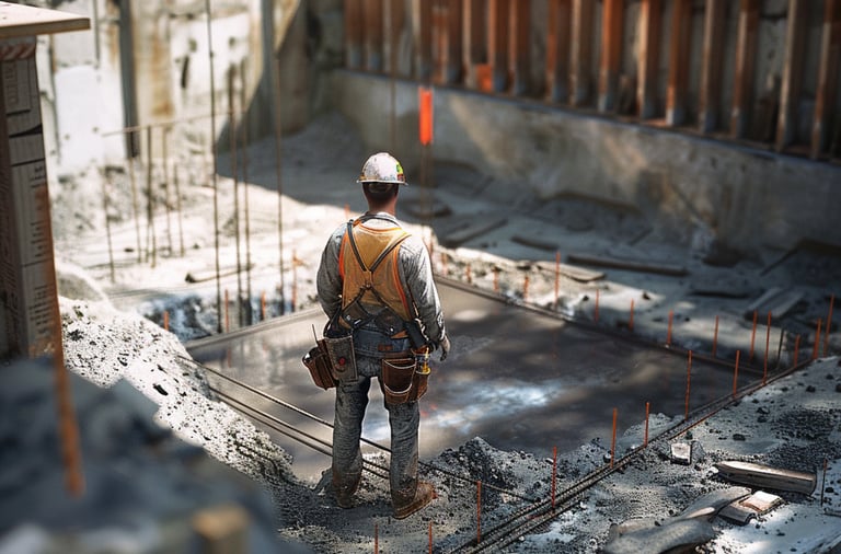 a construction worker is standing in a concrete slab