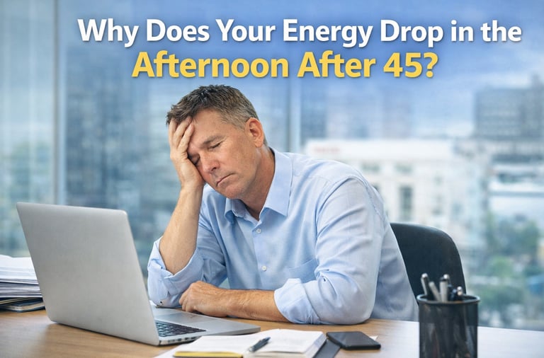 Man in his 50s feeling afternoon fatigue at work representing the common energy crash many adults experience after 45