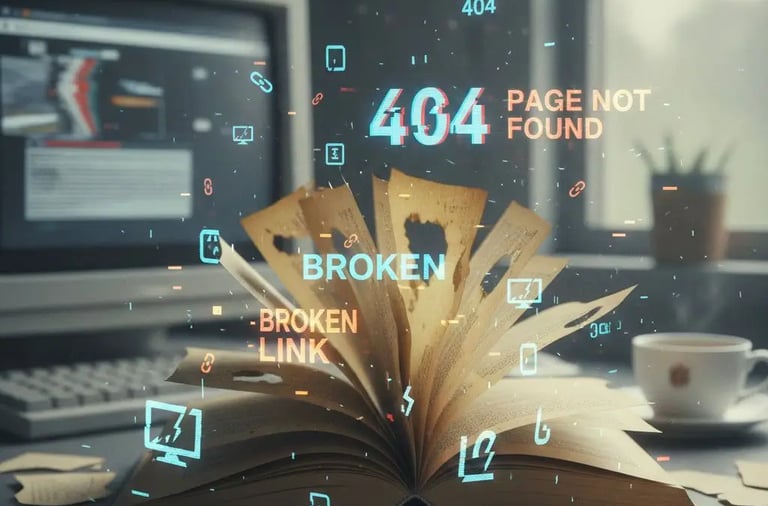 computer showing webiste errors 404 and broken pages 