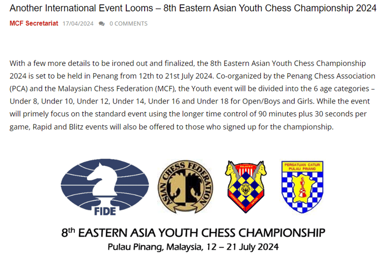 Asian Chess Federation International Chess Event 8th Eastern Asian Youth Chess Championship 2024