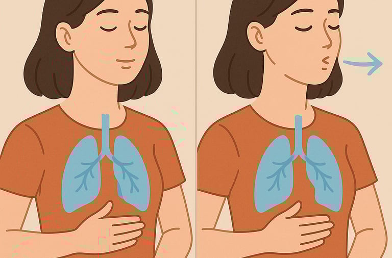 женщина с закрытыми глазами, выполняющая дыхательное упражнение; рядом схематично изображены лёгкие.