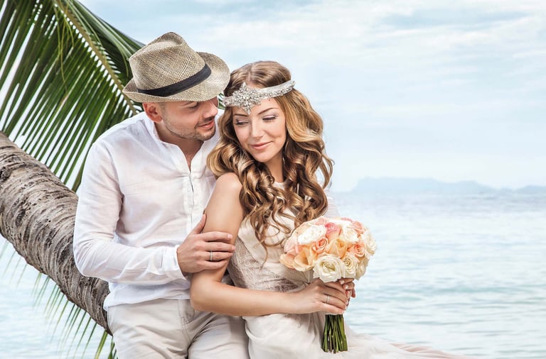 Romantic wedding photo shoot on a tropical island beach in Thailand.