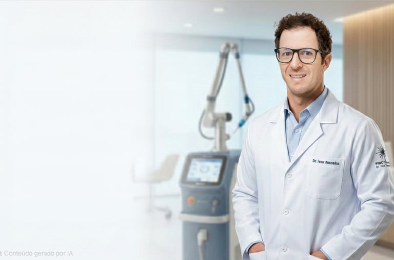 A smiling male doctor in a white coat standing next to a medical laser machine in a clinic.
