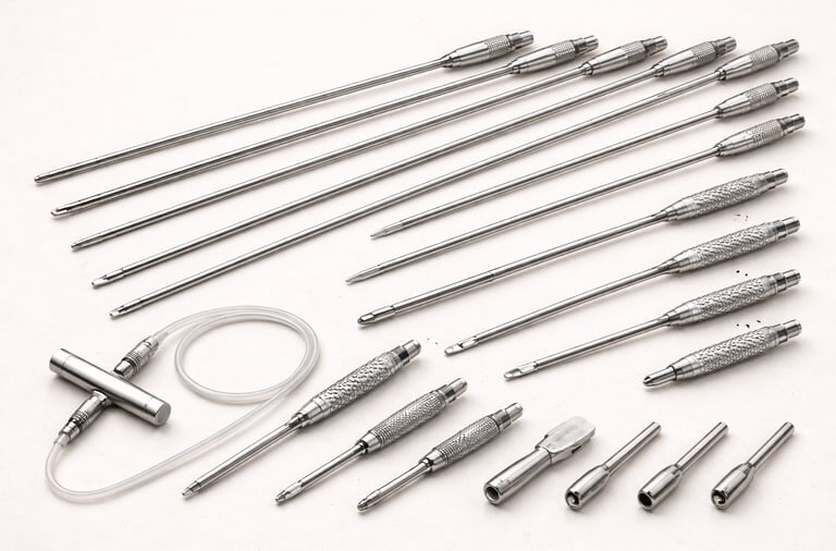 Liposuction cannulas and handles on a white background.