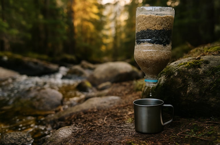 Survival water filter bottle dripping clean water into metal cup