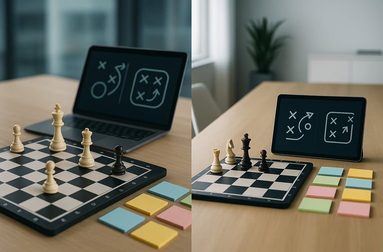 Strategic documents and chess pieces on a table, represent business strategy & innovation.