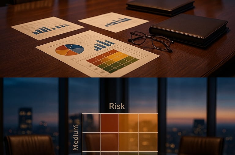 Executive working on laptop with governance reports and analytics on the desk.