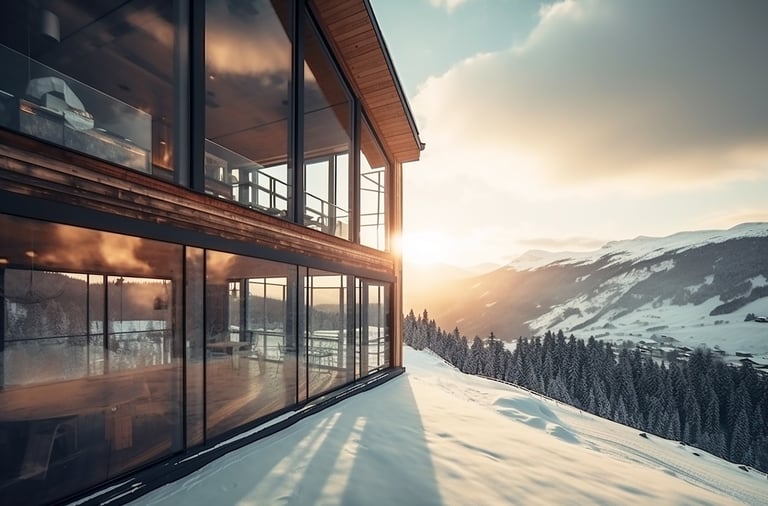 A mountain luxury hotel, a ski hotel against a backdrop of snow-capped mountains