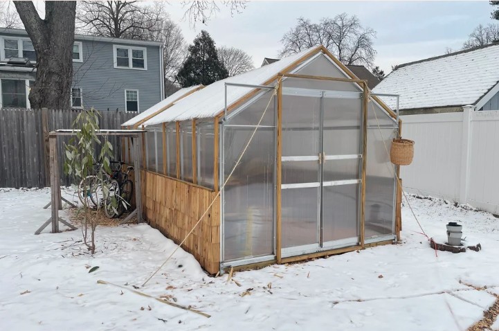 A wooden backyard greenhouse with polycarbonate panels sitting in a snowy residential garden.