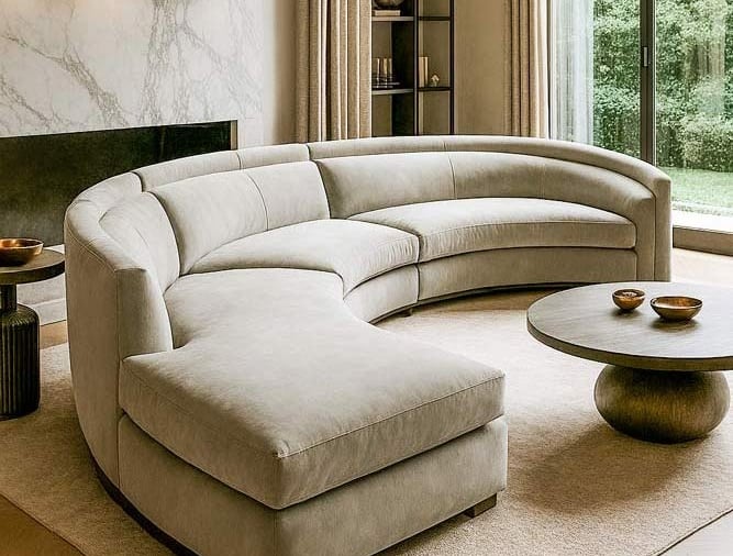 Curved modular sectional in light gray suede, custom-built by Solo Home Decor for stylish comfort.