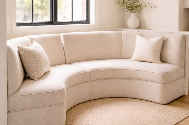 Curved banquette seating in a residential breakfast nook with upholstered custom cushions
