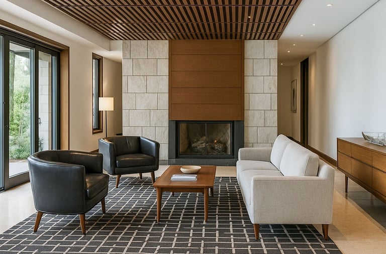 Mid-century style room with cream sofa, black chairs, grid rug, wood ceiling, and stone fireplace.