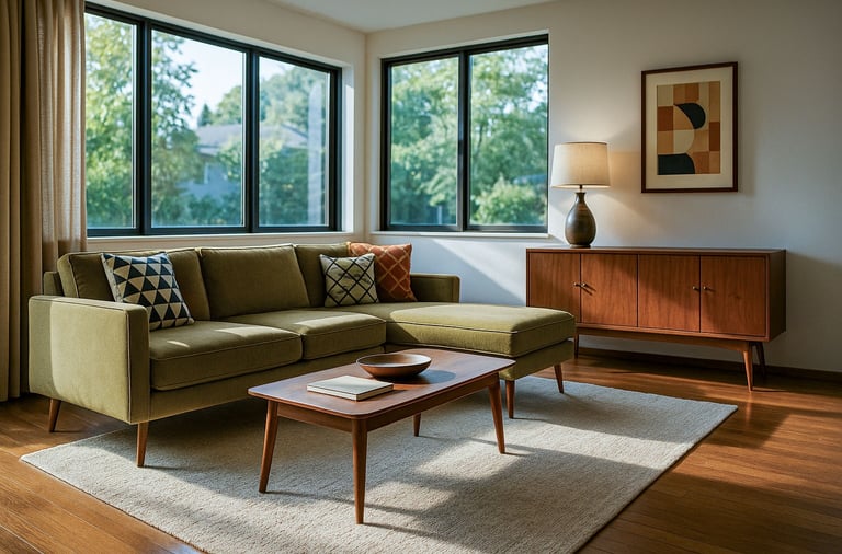 Mid-Century Modern living room with mustard sofa, chaise, walnut furniture, and large sunlit windows
