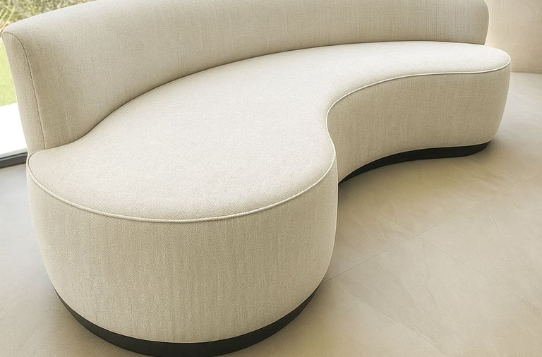 Curved light-gray upholstered sofa with textured fabric and black base in modern room with natural light — by Solo Home Decor