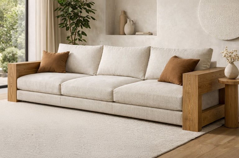 Cream linen sofa with solid wood armrests in a neutral living room with warm accent pillows and natural light.