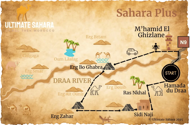 Map showing dunes and other locations visited on the Sahara Plus camel trek