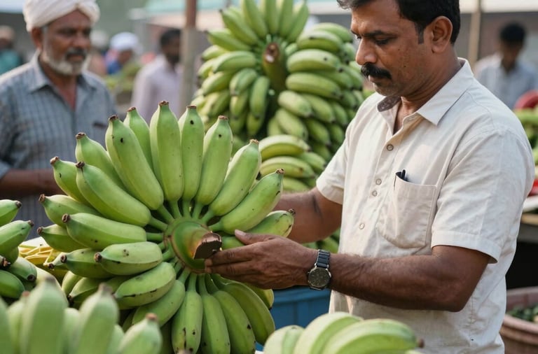 A local vendor inspecting fresh green banana bunches at a vibrant outdoor fruit market.