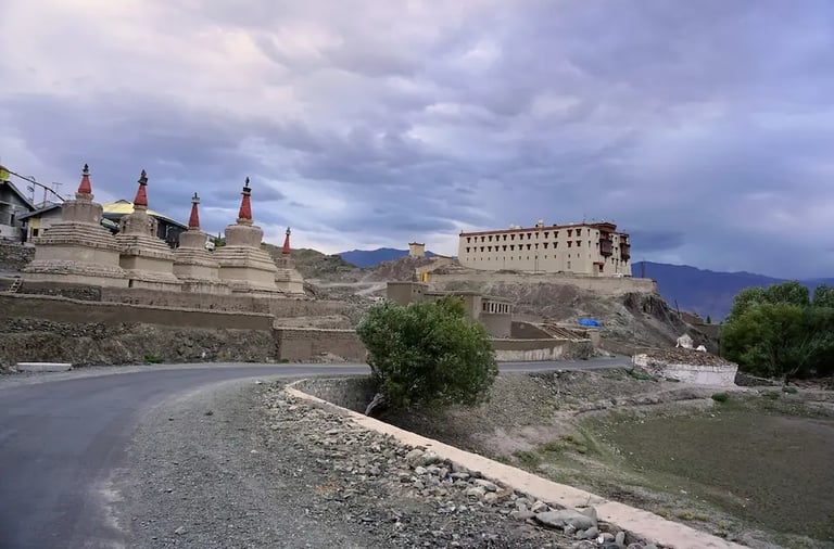 Stok Palace surrounded by the mountains of Ladakh.