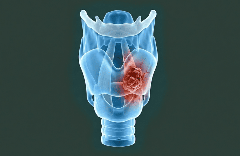 Ilustración médica de cáncer de laringe que muestra un tumor en las cuerdas vocales en la laringe