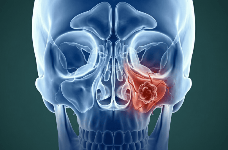 Ilustración anatómica en 3D de un cráneo humano que muestra un tumor del seno maxilar en rojo.