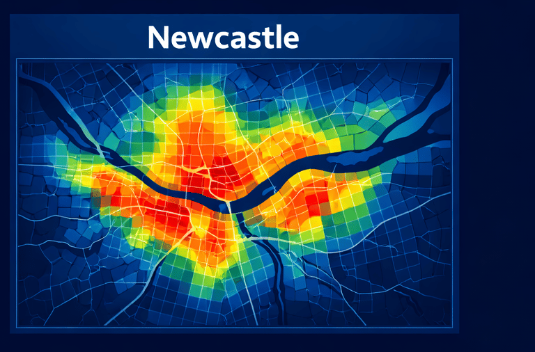 Newcastle property investment heat map highlighting hotspots across the city centre and suburbs
