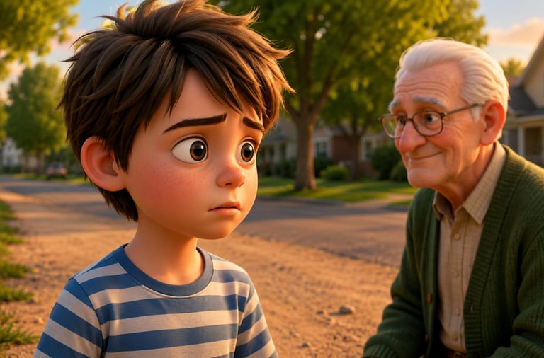 A 3D animated young boy looking surprised while talking to an elderly man in a sunny suburban neighborhood.