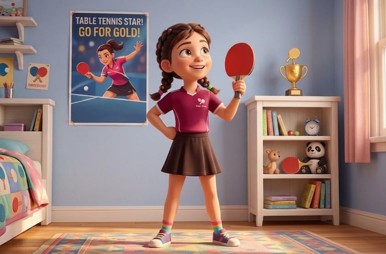 Young cartoon girl holding a table tennis paddle in a bedroom with sports posters and trophies.