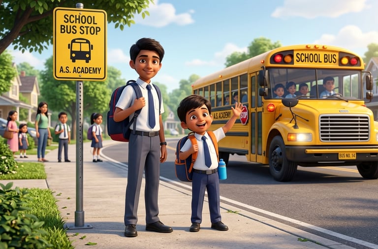 Students in uniforms with backpacks wait for a yellow school bus at a neighborhood bus stop.