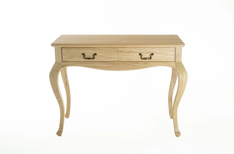 Front view of a handmade oak console table with two drawers and curved legs