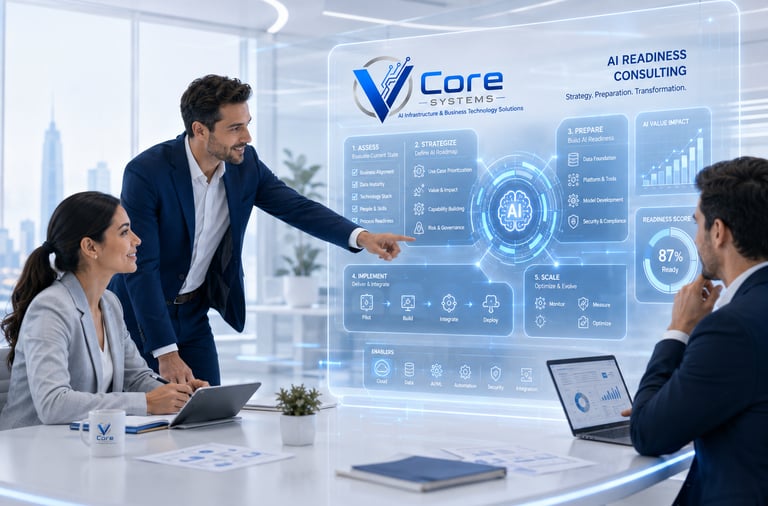 Business professionals reviewing an AI readiness consulting dashboard with data strategy and infrastructure metrics.