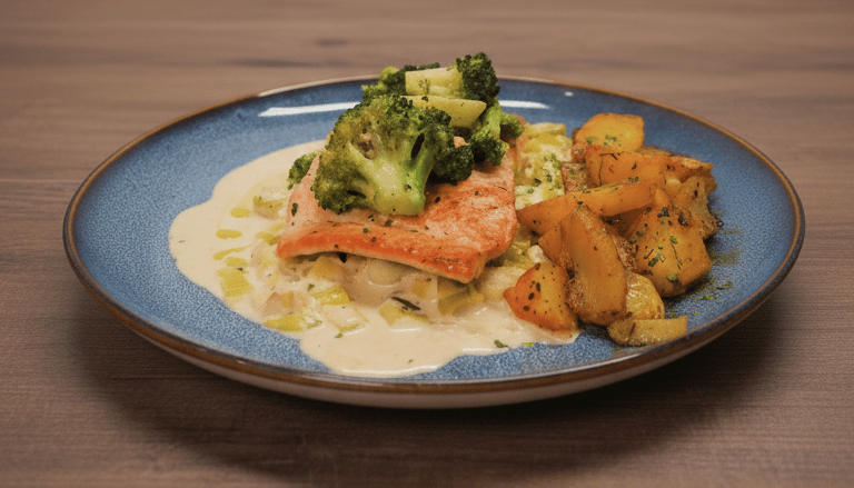 Pavé de saumon grillé sur fondue de poireaux au vin blanc, servi avec brocolis à l'ail et patates