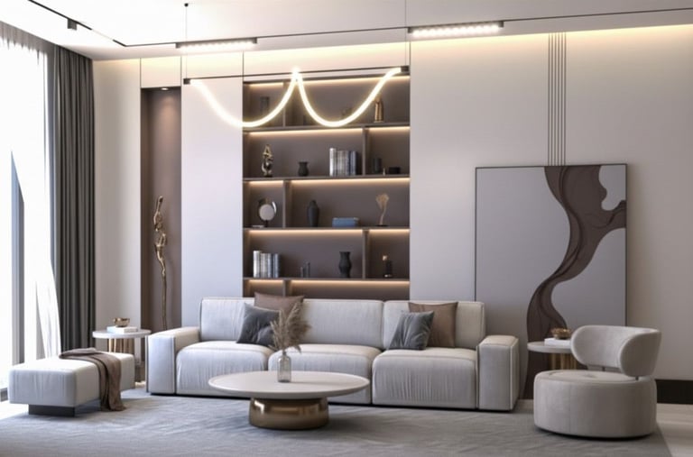 a living room with a couch and a large window Nour Nagy Designs