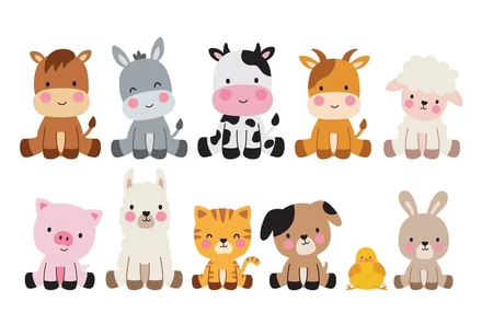 nos amis les animaux : chaval, ane, vache, chevre, mouton, cochon, lama, chat, chien, poussin, lapin