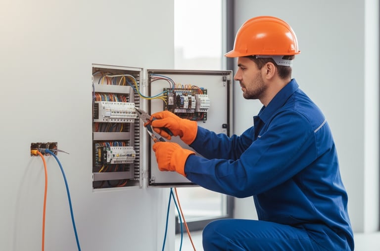 a man in a blue workwear suit and orange helmet, holding a multi -