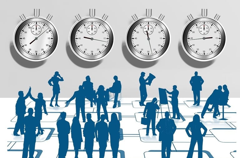 Grafik von Menschen und Uhren – Symbol für achtsames Zeitmanagement im Business-Alltag