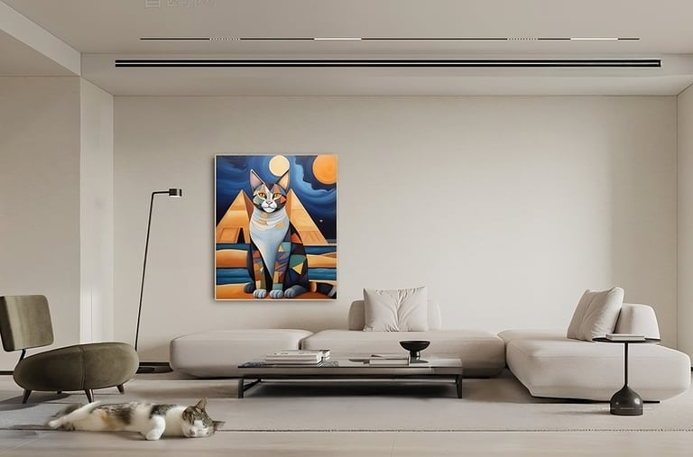 a living room with a couch and a cat| Nour Nagy Designs