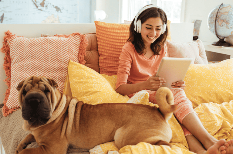 a woman sitting on a bed with a dog and a laptop