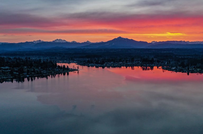 Drone Photography in Lake Stevens with a colorful sunrise.