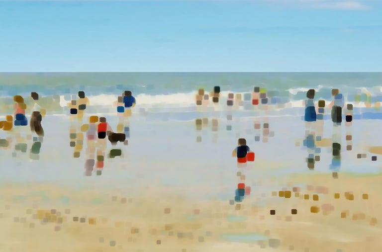 a group of people standing on a beach