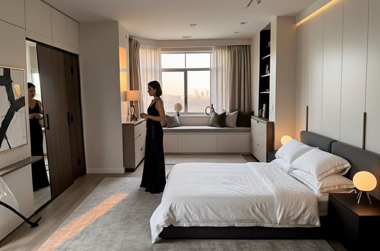a woman in a black dress standing in a bedroom Nour Nagy Designs