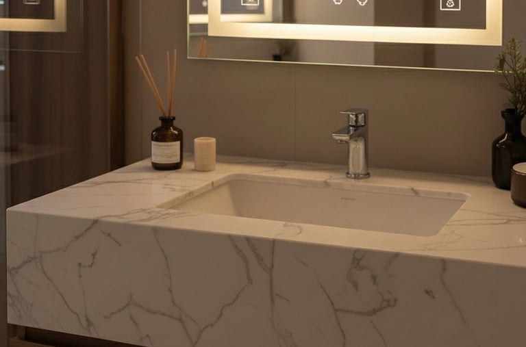 a bathroom with a marbled counter top and a mirror Nour Nagy Designs