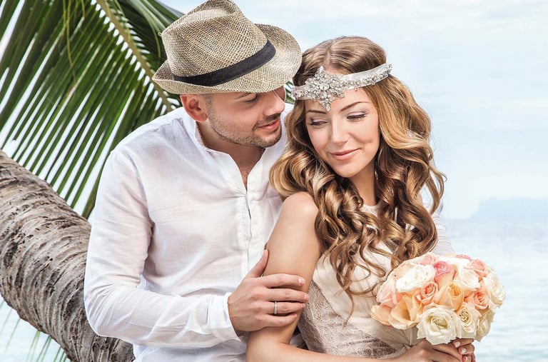 Romantic wedding photo shoot on a tropical island beach in Thailand.