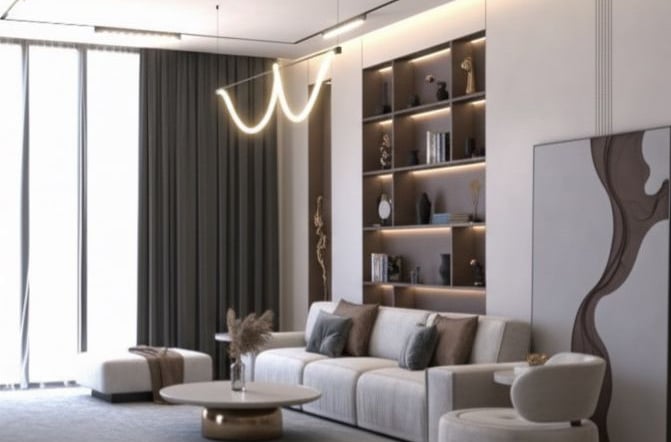 a living room with a couch and a large window Nour Nagy Designs